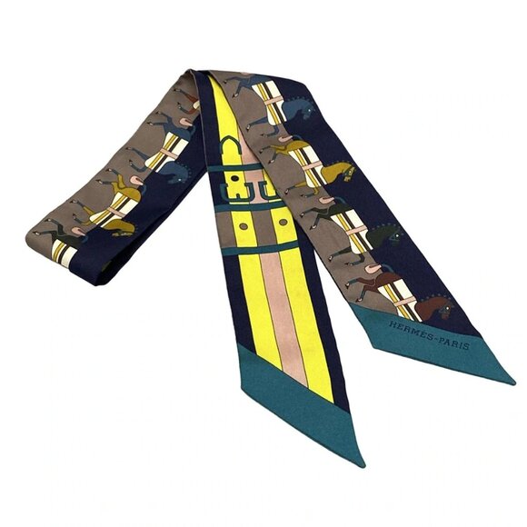 HERMES Twilly - Navy Yellow Multi Scarf 192-081625 - Picture 1 of 6